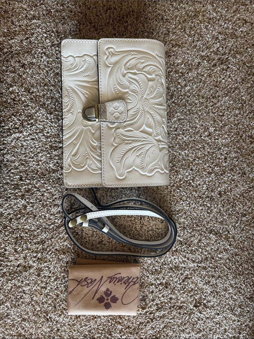 Patricia Nash Embossed Cream Leather Crossbody with Detachable Strap